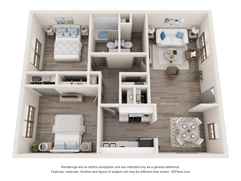 Apartments In Hendersonville, TN 37075 for Rent – Reserve at Drakes Creek A 3D floor plan of an apartment with two bedrooms, a living room, a kitchen, and a bathroom. 2b 2b